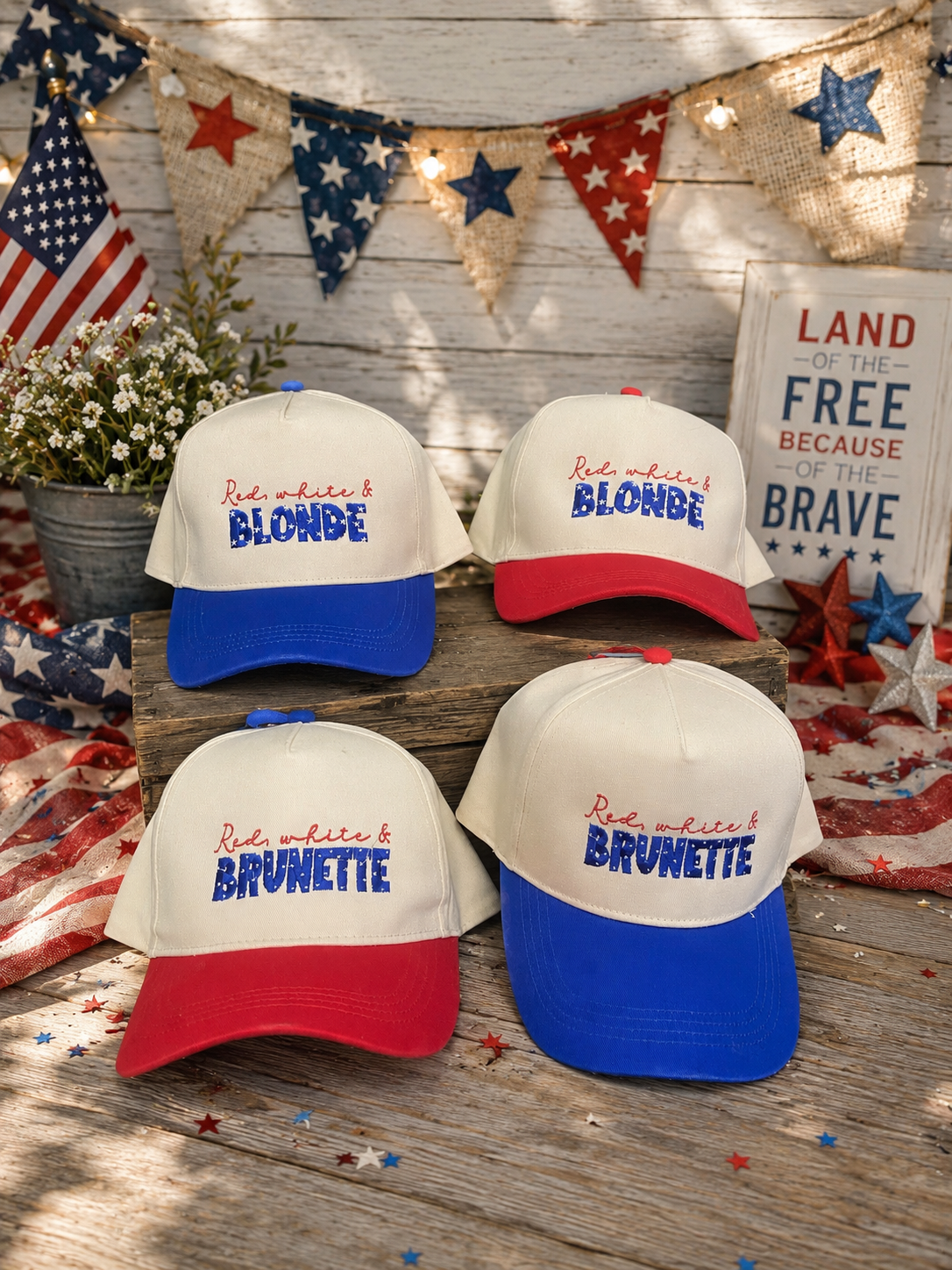 Red white and Brunette Hat Red